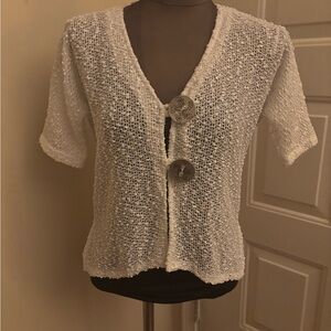 JM Collection White Open-Knit Short Sleeve Cardigan with Decorative Buttons
